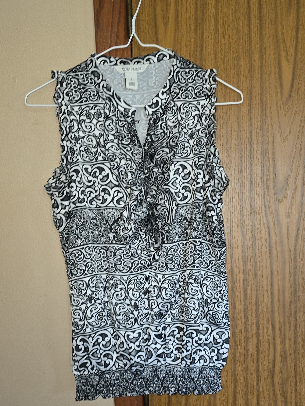 White House Black Market Black and White Ruffled Keyhole Sleeveless Camisole